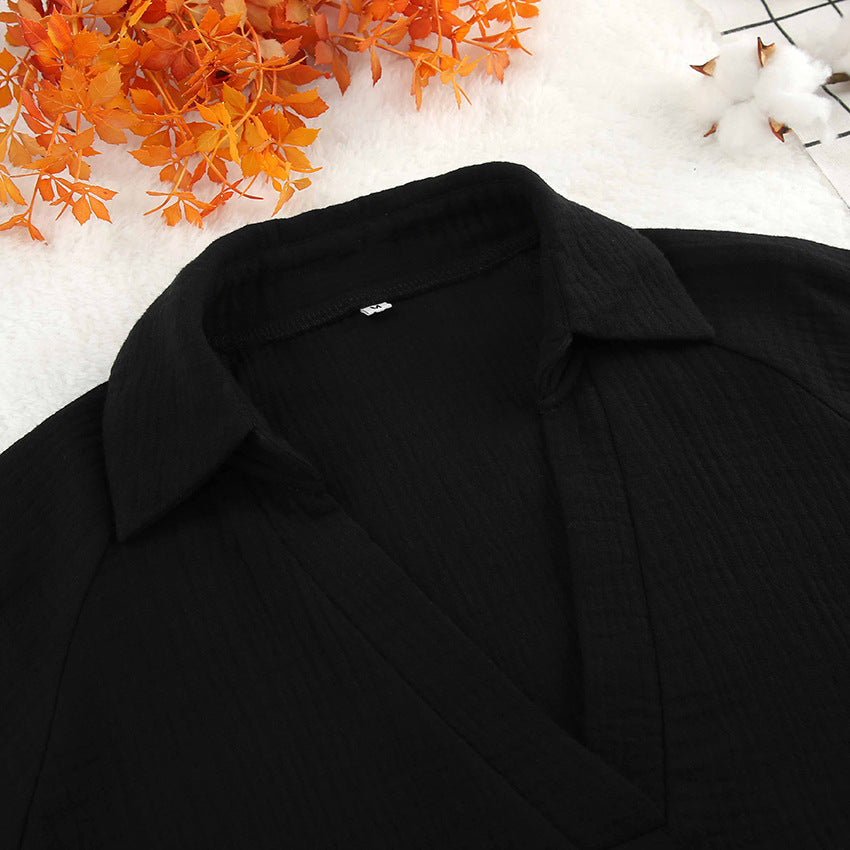Black Pure Cotton Crepe V-Neck Pajama Set